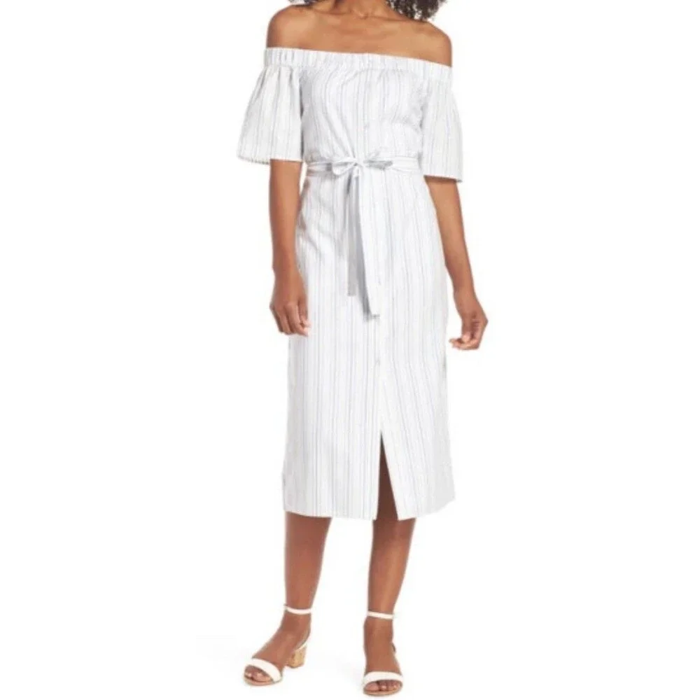 Charles Henry XS Off Shoulder Midi Dress White Blue‎ Stripe Belted Cotton Lined